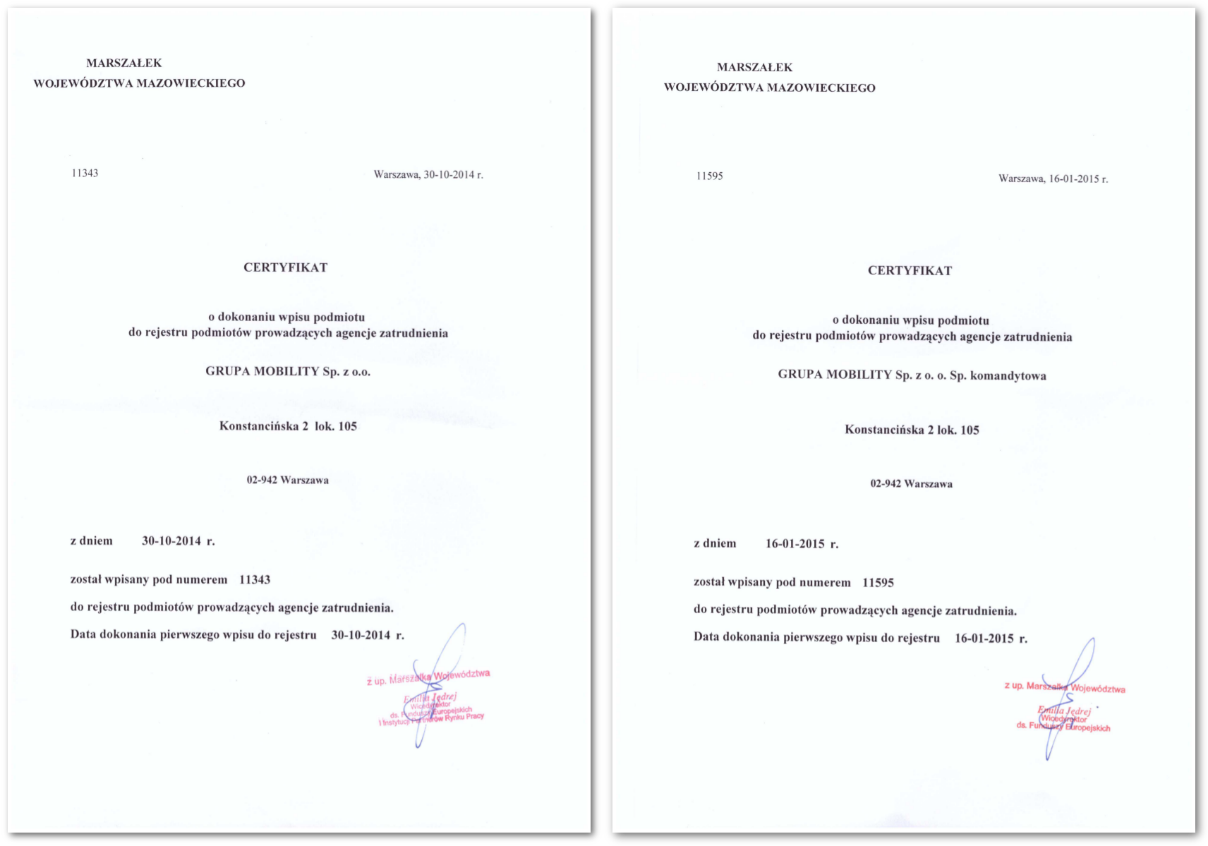 Certyfikat Agencji GRUPA MOBILITY Razem